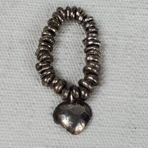 Silver Link Stretch Ring With Tiny Hammered Heart Pendant